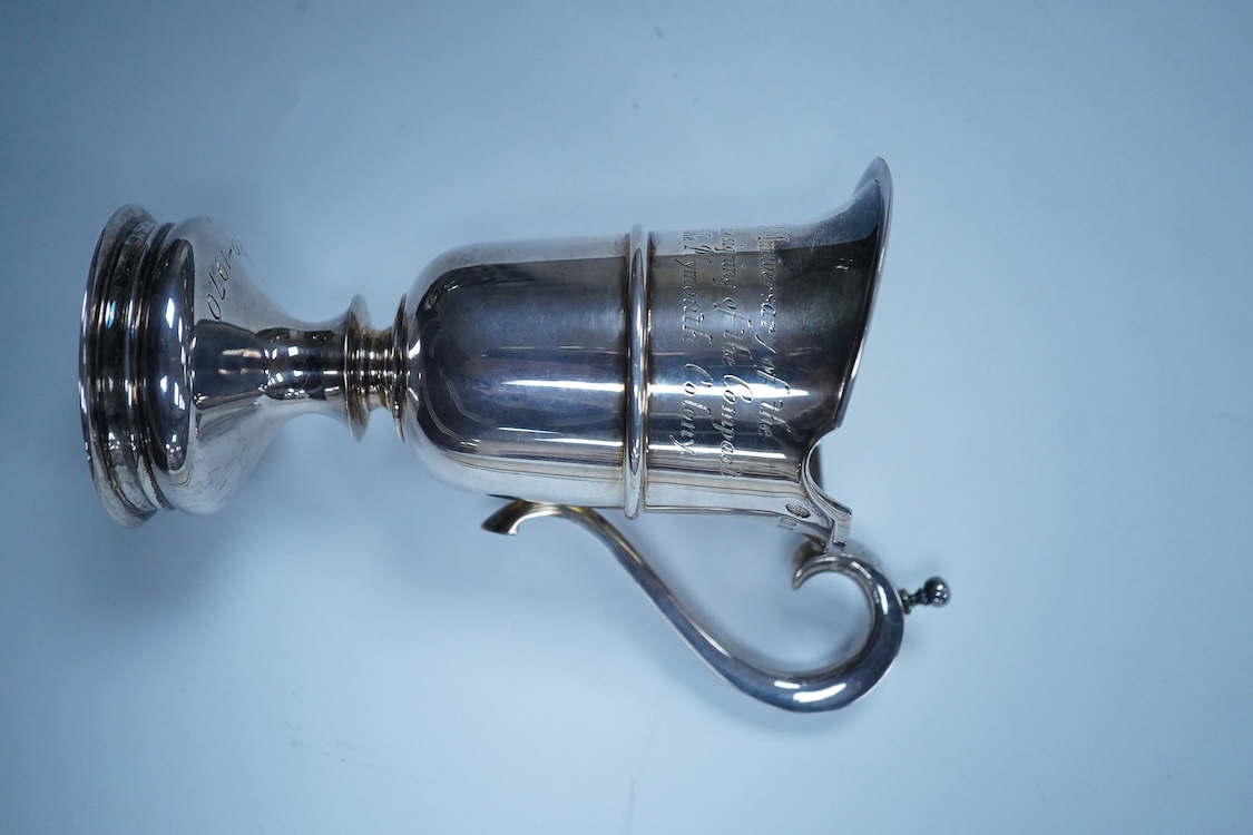 An Elizabeth II silver limited edition 'Mayflower' commemorative jug, maker P. Ltd, London. 1969, with engraved inscription and certificate of authenticity, no. 188/2000, height 14cm, 7.7oz.